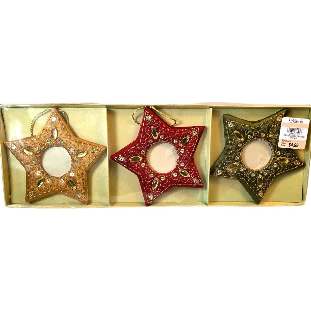 VTG Kirkland's Set of 3‎ Beaded Christmas Star Ornament Frames Gold Red Green